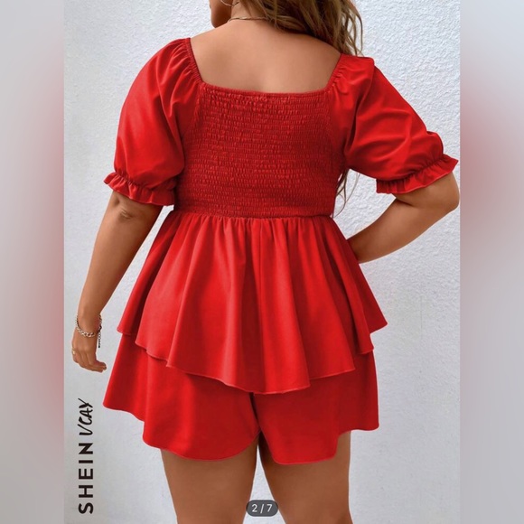 SHEIN VCAY Plus Ruched Bust Puff Sleeve Romper - Picture 3 of 6